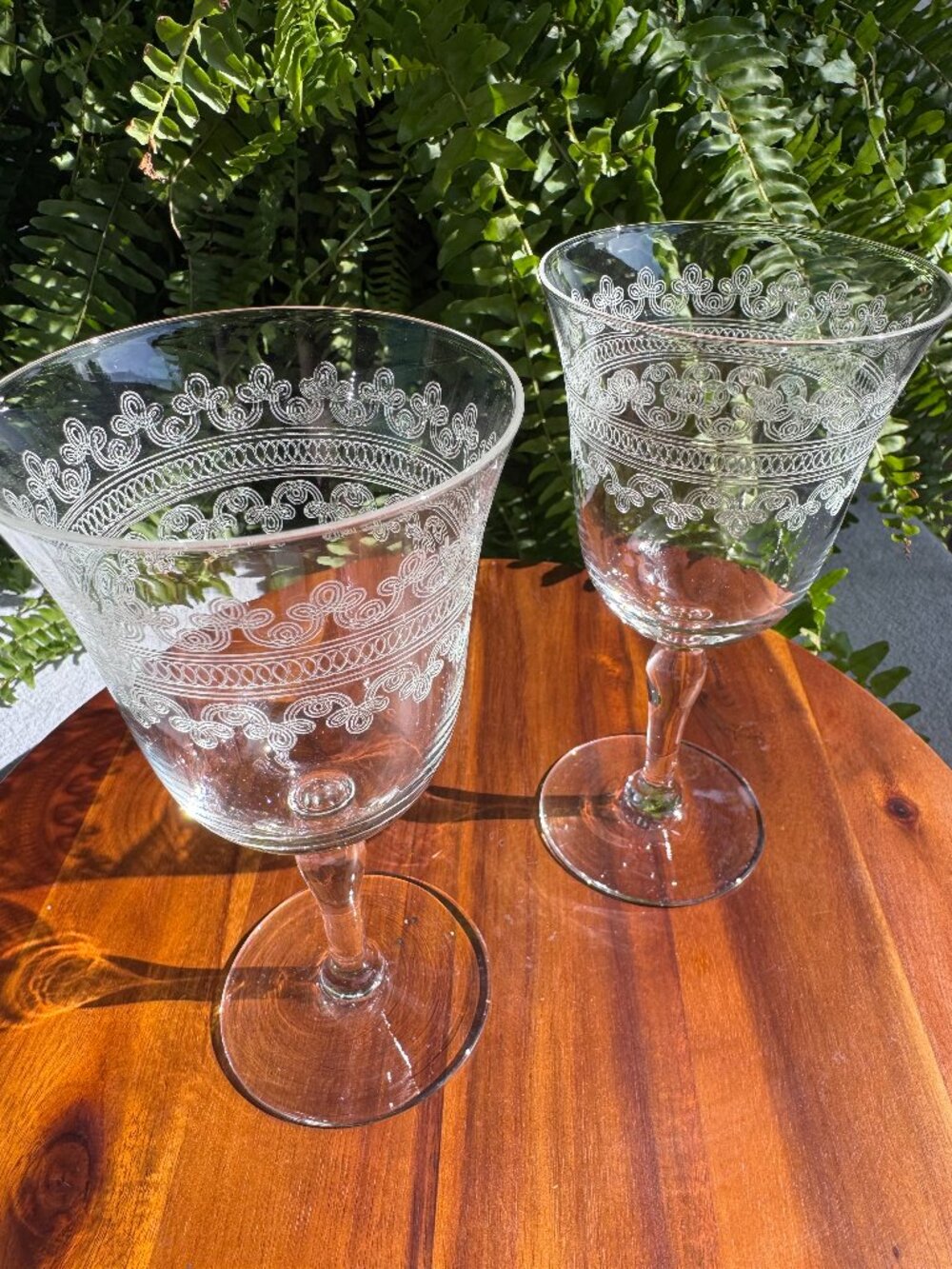 Set of 2 Vintage Fostoria Etch 47 Cloverleaf Crystal Wine Goblets, Needle Etched